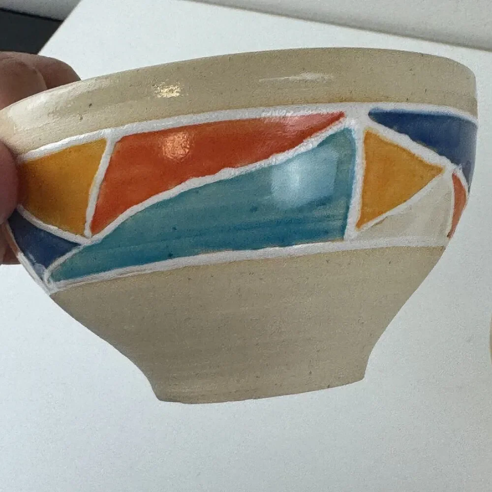 Handmade Ceramic Stoneware Nesting Bowls Colorful Abstract Geometric Design 2003